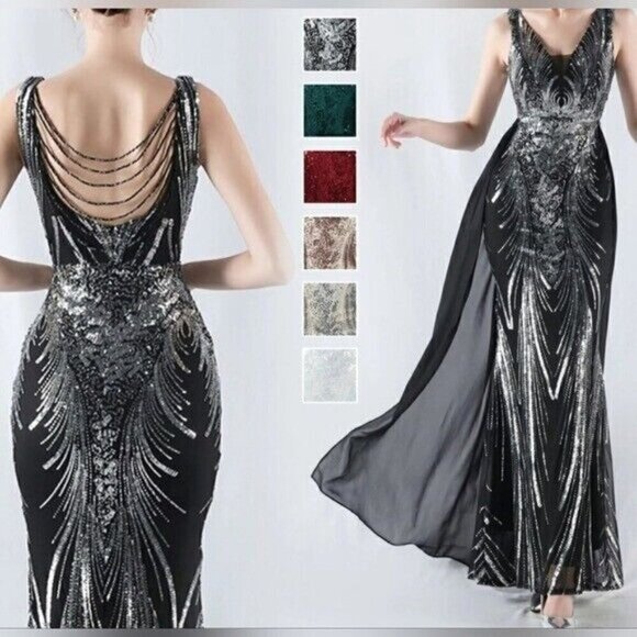 Black, Draped Skirt, Beaded Back,  V Neck,  Sleeveless, Sequined Mermaid… - Picture 4 of 16